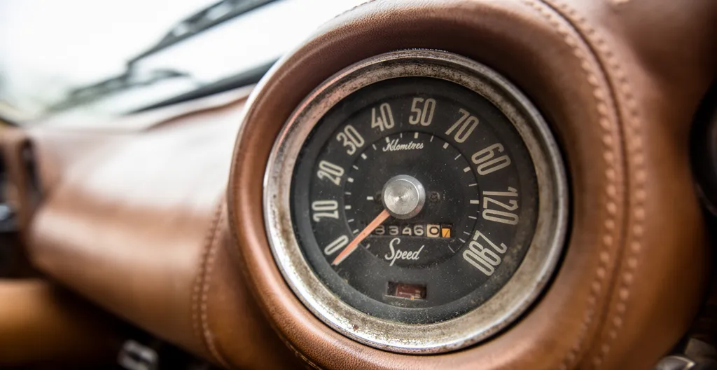 Compteur kilométrique vintage sur tableau de bord de véhicule de collection