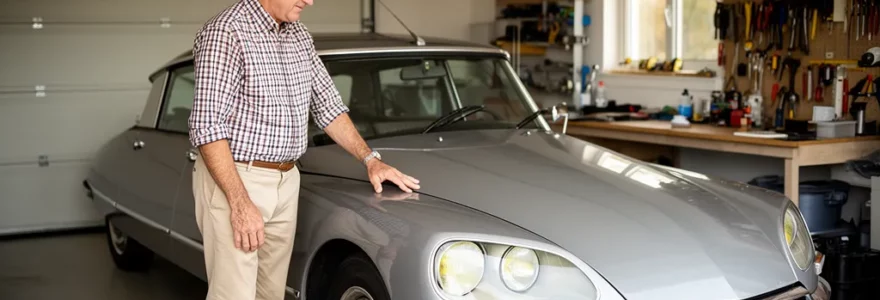 Propriétaire admirant sa voiture de collection française dans un garage privatif