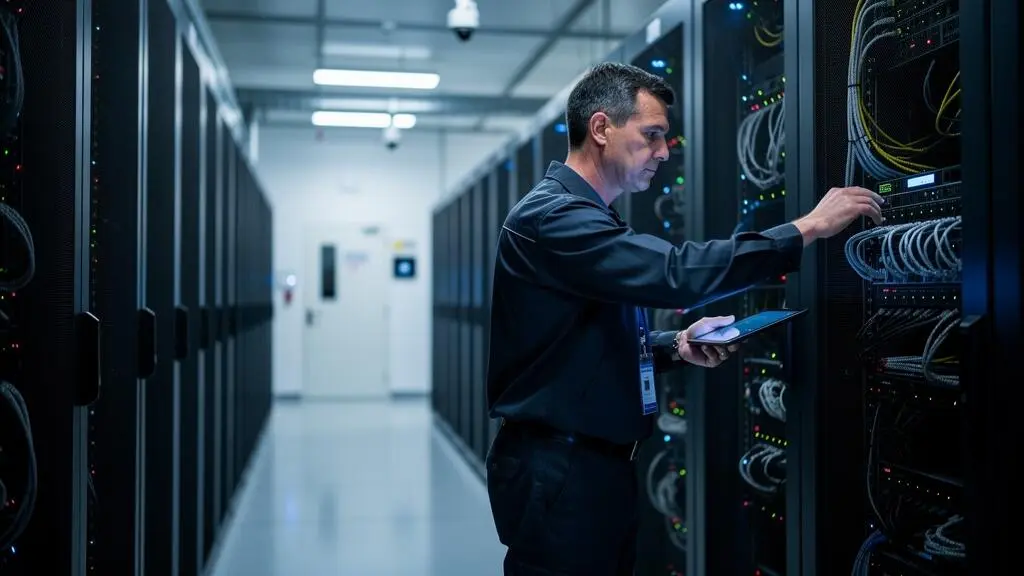 Un technicien effectuant une vérification sur des serveurs dans un datacenter sécurisé