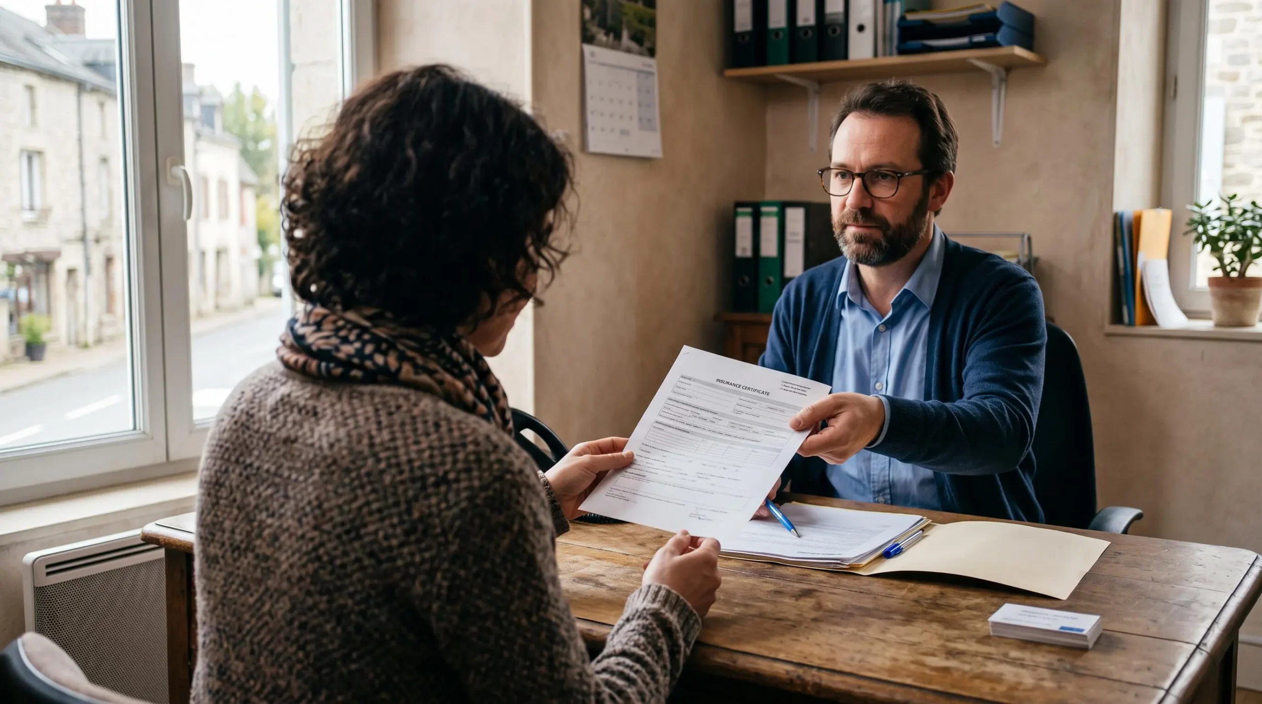 Un conseiller remet une attestation d'assurance imprimée à une cliente dans une agence.