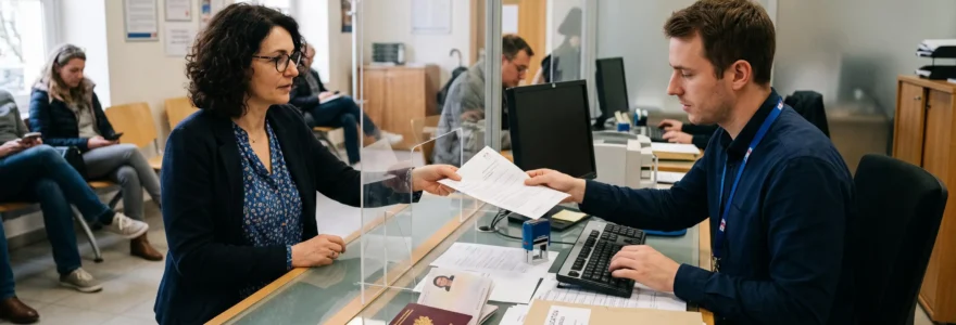 Un voyageur remet une attestation d'assurance à un agent consulaire au comptoir.